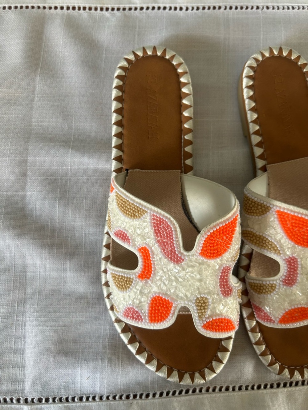 Beaded Cutout Flat Sandals - White with Coral & Pink - Picture 6 of 7